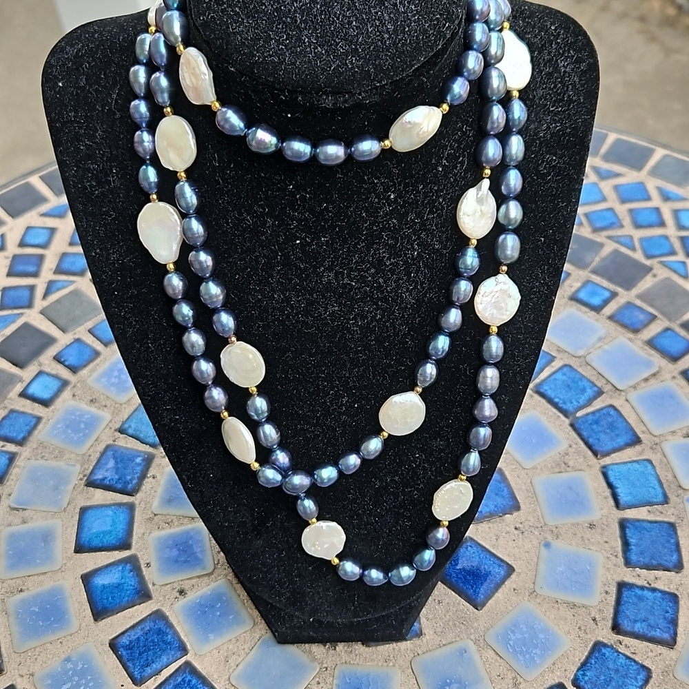 Blue Pearl White Coin Pearl Necklace